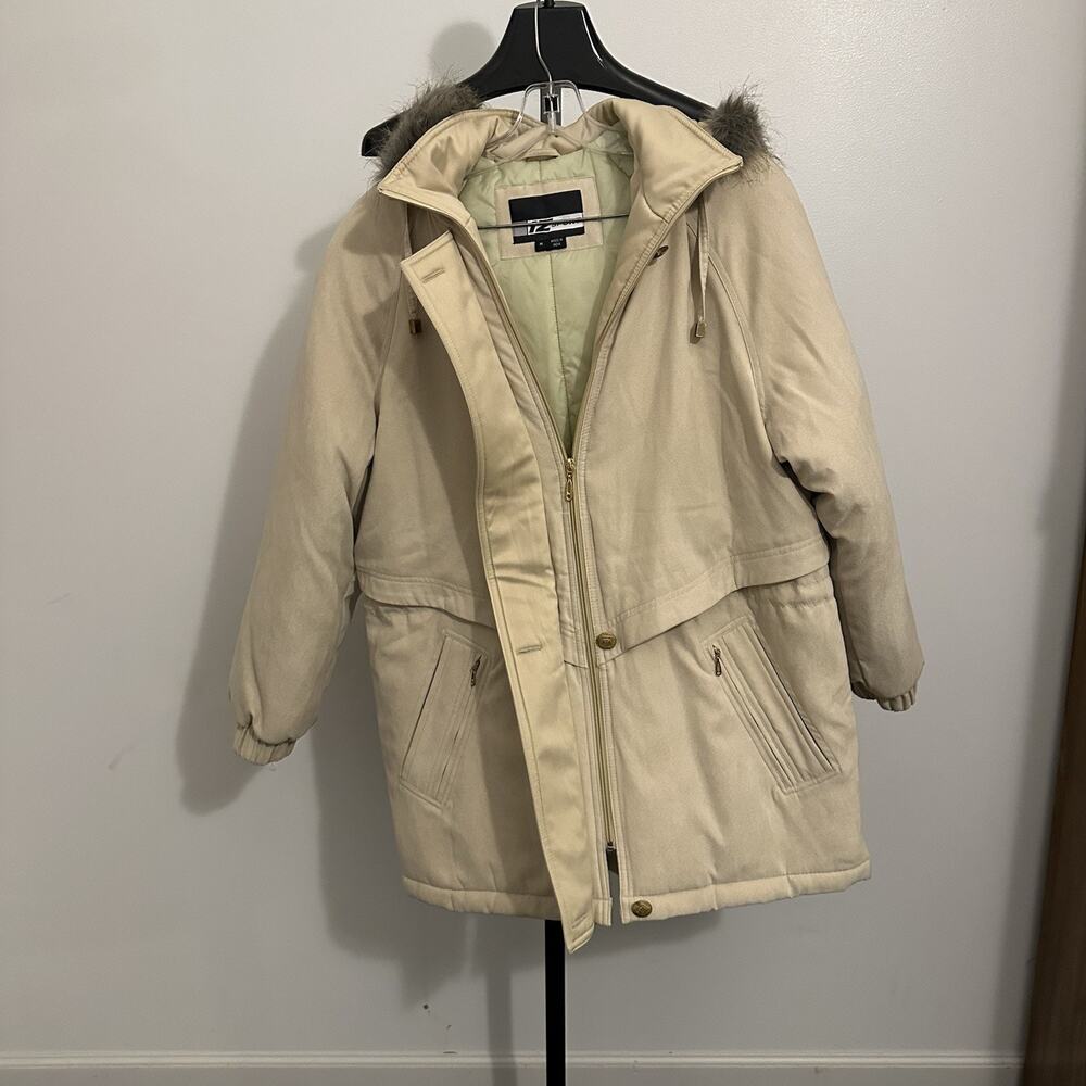 IZ Sport Womens Tan Faux Fur Detachable Hood Vintage Jacket Coat Size Medium